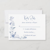 Stoffig blauw bloemengroen lint elegante bruiloft RSVP kaartje (Voorkant)