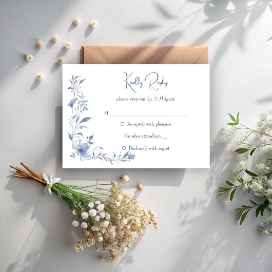 Stoffig blauw bloemengroen lint elegante bruiloft RSVP kaartje