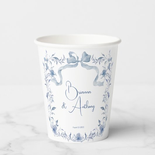 Stoffig blauw bloemengroen lint elegante gewoonte papieren bekers (Achterkant)