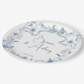 Stoffig blauw bloemengroen lint elegante gewoonte papieren bordje (Gekanteld)