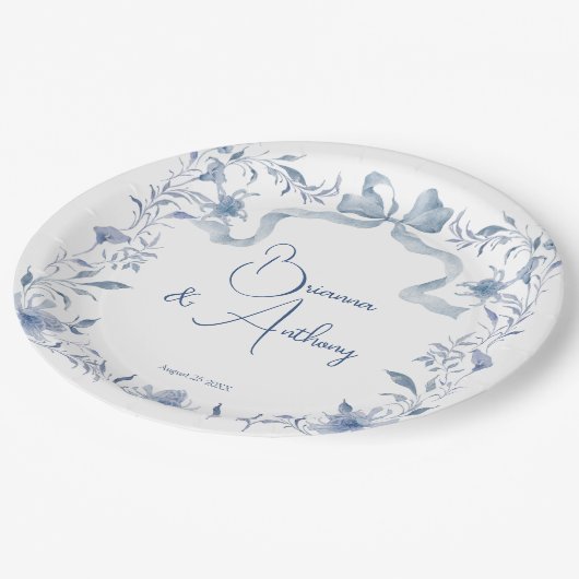 Stoffig blauw bloemengroen lint elegante gewoonte papieren bordje (Gekanteld)