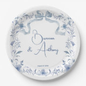 Stoffig blauw bloemengroen lint elegante gewoonte papieren bordje (Voorkant)