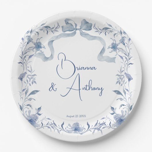 Stoffig blauw bloemengroen lint elegante gewoonte papieren bordje (Voorkant)