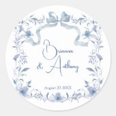 Stoffig blauw bloemengroen lint elegante gewoonte ronde sticker (Voorkant)