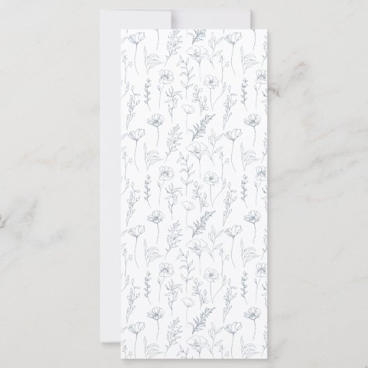 Stoffig blauw bloemenklassiek boho weddingmenu (Achterkant)