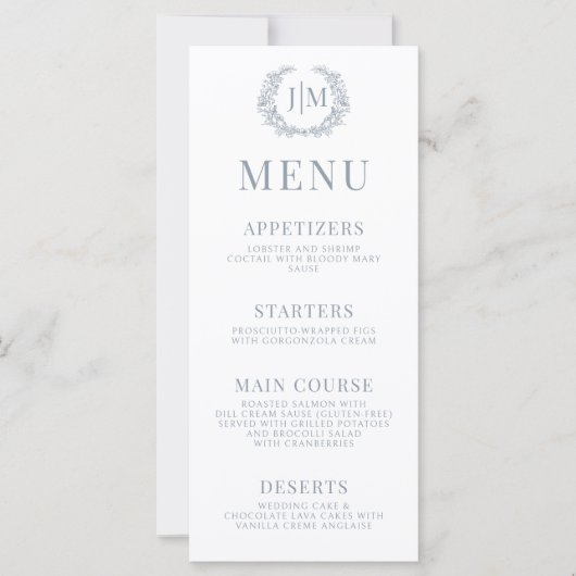 Stoffig blauw bloemenklassiek boho weddingmenu (Voorkant)