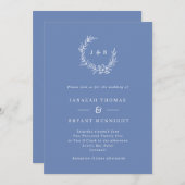  stoffig blauw bloemenkrans monogram bruiloft kaart (Voorkant / Achterkant)