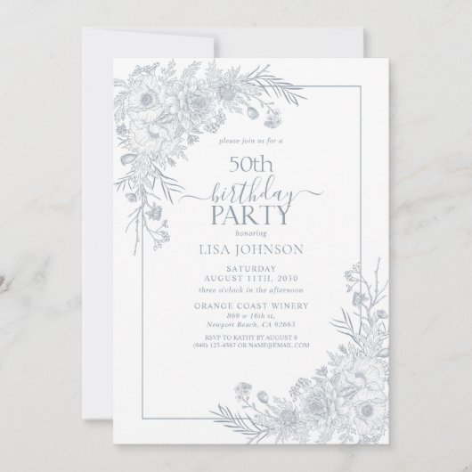  Stoffig Blauw Bloemenlijn Art 50e Verjaardag Kaart (Voorkant)