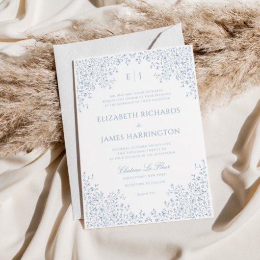 Stoffig Blauw  Bloemenlijn Art Lijst Bruiloft Kaart