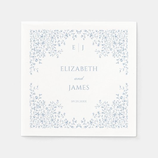 Stoffig Blauw  Bloemenlijn Art Lijst Bruiloft Servet (Voorkant)