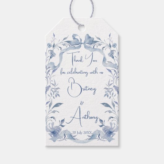 Stoffig blauw bloemenlint bruiloft gunst cadeaulabel (Voorkant)