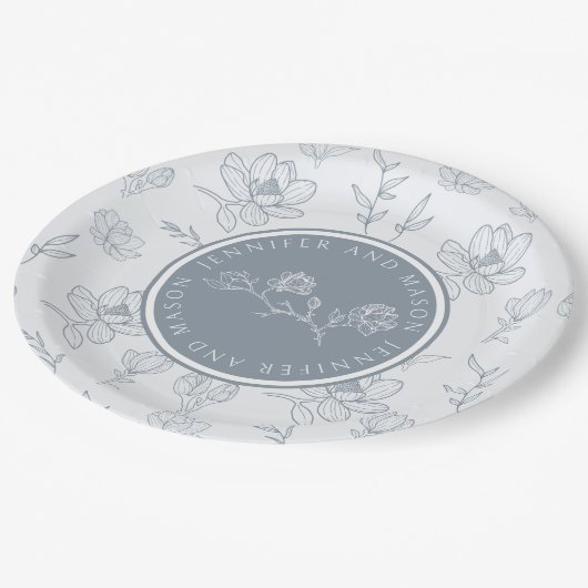 Stoffig blauw bloemenmagnolia bruidsbruidegom papi papieren bordje (Gekanteld)