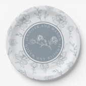 Stoffig blauw bloemenmagnolia bruidsbruidegom papi papieren bordje (Voorkant)