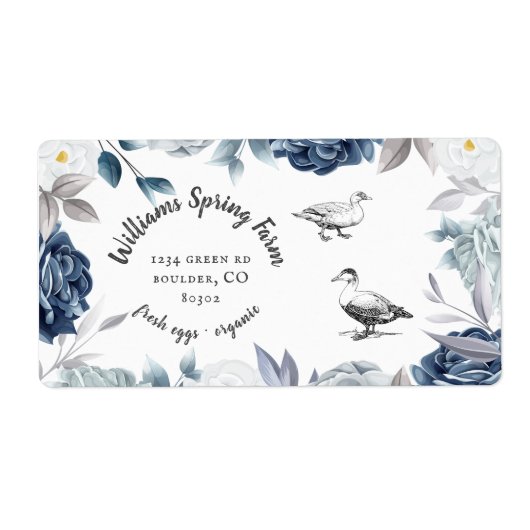 stoffig blauw bloemenrustiek script eend Ei Karton Etiket (Voorkant)