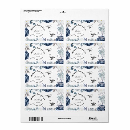 stoffig blauw bloemenrustiek script eend Ei Karton Etiket (Full Sheet)