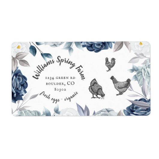 stoffig blauw bloemenrustiek script eend Ei Karton Etiket (Voorkant)