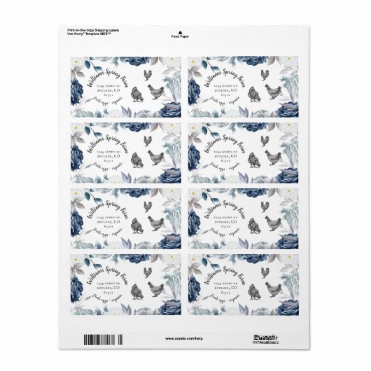 stoffig blauw bloemenrustiek script eend Ei Karton Etiket (Full Sheet)