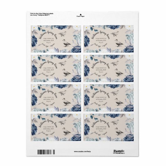 stoffig blauw bloemenrustiek script eend Ei Karton Etiket (Full Sheet)