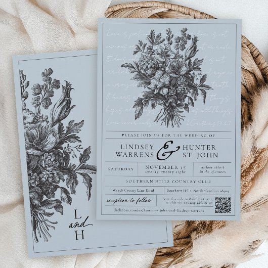 Stoffig Blauw Bloementuin Christelijk Huwelijk Kaart