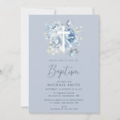 Stoffig blauw bloemenwit kruis doop kaart (Voorkant)