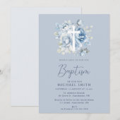 Stoffig blauw bloemenwit kruis doop kaart (Voorkant / Achterkant)