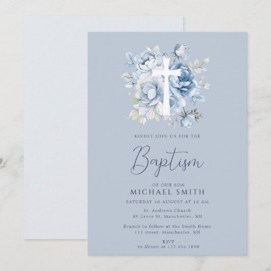 Stoffig blauw bloemenwit kruis doop kaart (Voorkant / Achterkant)