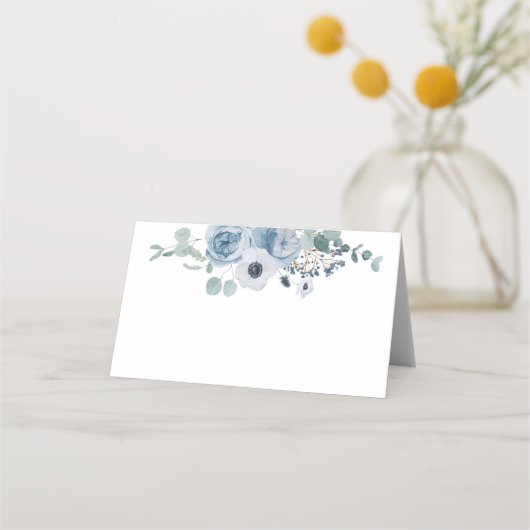 Stoffig blauw bloemig elegant anemoon bruiloft plaatskaartje (Voorkant)