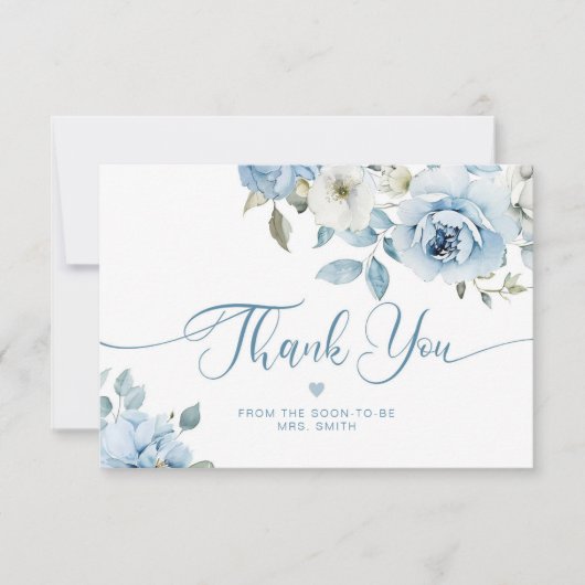 Stoffig blauw bloemig elegant bruids dank u kaart (Voorkant)