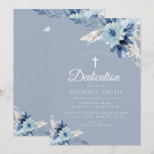 Stoffig blauw bloemig moderne toewijding uitnodigi kaart (Voorkant / Achterkant)