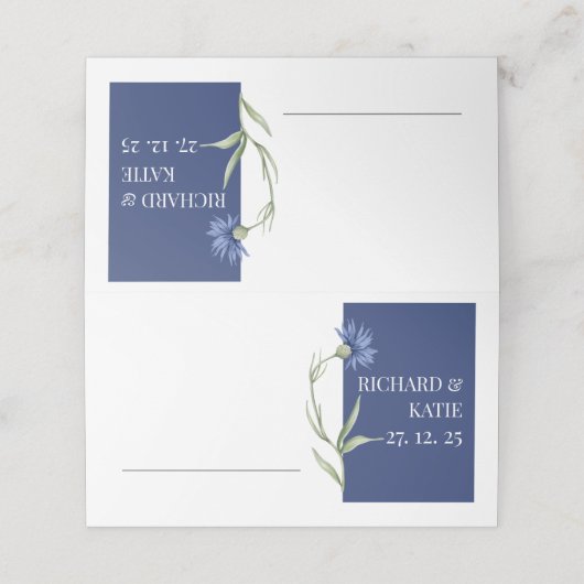 Stoffig blauw bloemig Stijlvol QR code Bruiloft Plaatskaartje (Buitenkant ongevouwen)