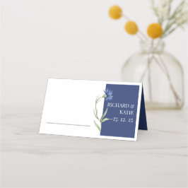 Stoffig blauw bloemig Stijlvol QR code Bruiloft Plaatskaartje