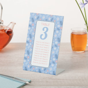 Stoffig blauw bloemig zitschema tafel # reclamebord met voetstuk