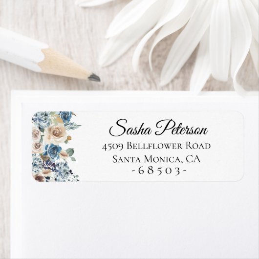 Stoffig blauw bloemstuk etiket (Insitu)