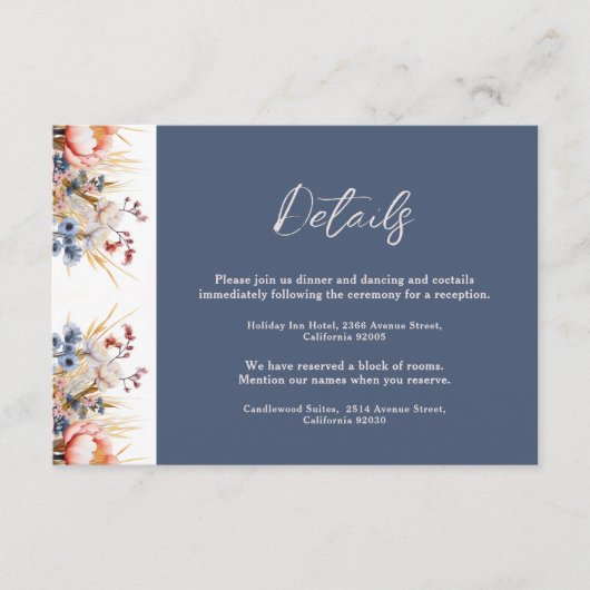 Stoffig Blauw & Blush Roze Bloemen Waterverf bruil Informatiekaartje (Voorkant)