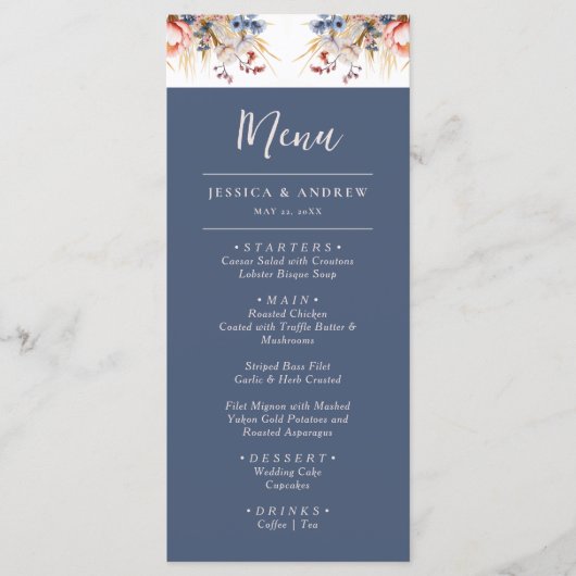 Stoffig Blauw & Blush Roze Bloemen Waterverf bruil Menu (Voorkant)