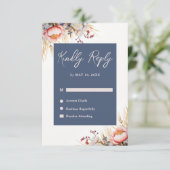 Stoffig Blauw & Blush Roze Bloemen Waterverf bruil RSVP Kaartje (Staand voorkant)