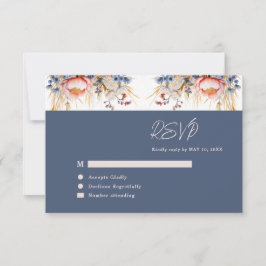 Stoffig Blauw & Blush Roze Bloemen Waterverf bruil RSVP Kaartje