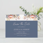 Stoffig Blauw & Blush Roze Bloemen Waterverf bruil Save The Date (Staand voorkant)