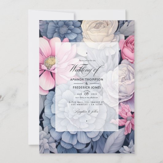 Stoffig Blauw, Blush Roze en Zilver Bloemen Bruilo Kaart (Voorkant)