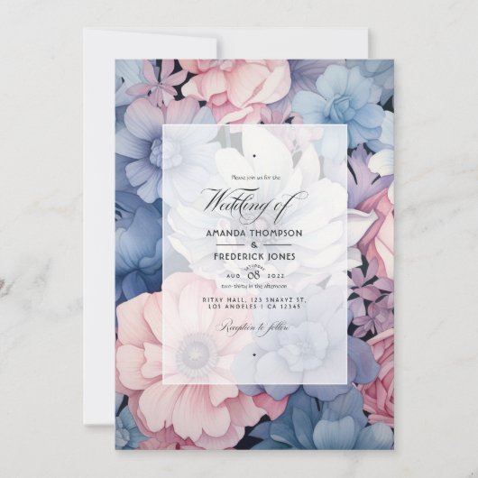 Stoffig Blauw, Blush Roze en Zilver Bloemen Bruilo Kaart (Voorkant)