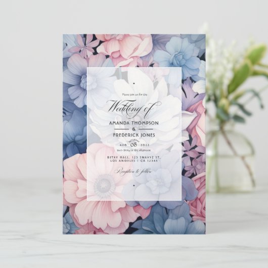 Stoffig Blauw, Blush Roze en Zilver Bloemen Bruilo Kaart (Staand voorkant)