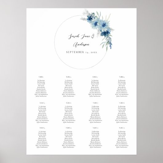 Stoffig Blauw Boho Bloemen Evenement Zitkaarten 12 Poster (Voorkant)