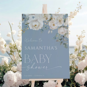 Stoffig blauw boho witte bloemen baby shower welko poster