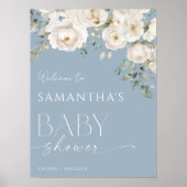 Stoffig blauw boho witte bloemen baby shower welko poster (Voorkant)