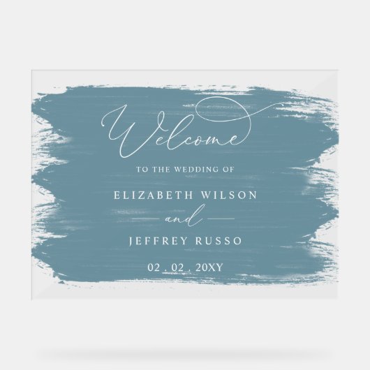 Stoffig Blauw Borstel Streken Bruiloft Welkom Acryl Bord (Voorkant)