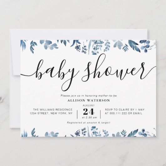 stoffig blauw botanisch baby shower kaart (Voorkant)