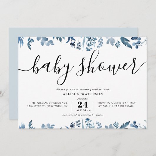 stoffig blauw botanisch baby shower kaart (Voorkant / Achterkant)