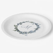 Stoffig Blauw Botanische Krans Elegant Monogram Papieren Bordje (Gekanteld)
