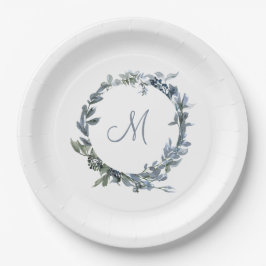 Stoffig Blauw Botanische Krans Elegant Monogram Papieren Bordje