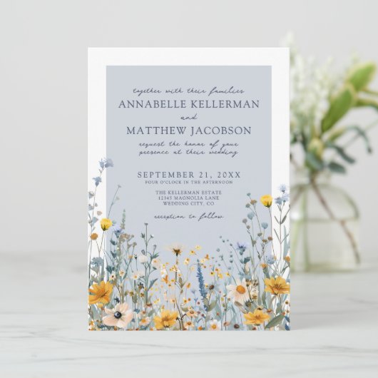 Stoffig Blauw Botanische Wildflower Bloemen Huweli Kaart (Staand voorkant)